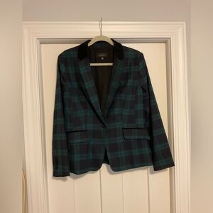 Talbots black watch plaid blazer with velvet collar.